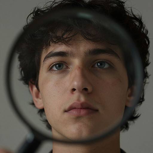 Photograph of a young man with curly black hair and blue eyes, looking through a magnifying glass, against a gray background.
