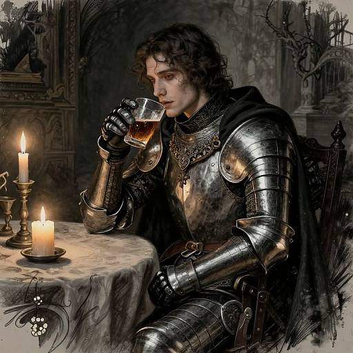 Medieval knight in silver armor sips wine by candlelight in a dark, gothic room. Detailed armor, somber expression, three lit candles