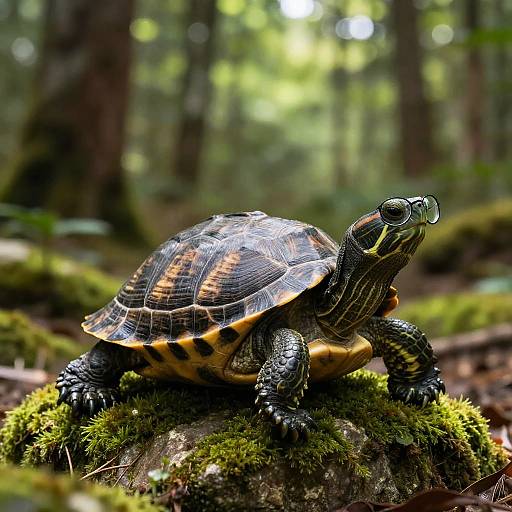 Photorealistic Turtle on Mossy Rock