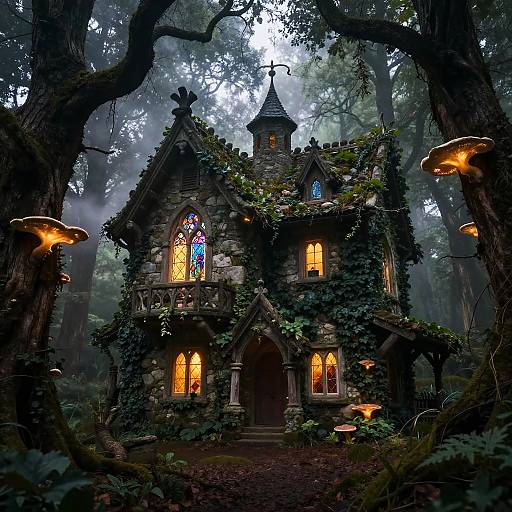 Enchanted forest cottage with glowing stained glass windows, ivy-covered stone walls, and mushroom lights. Misty, mystical nighttime scene. Digital artwork