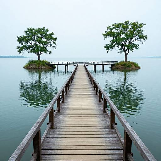 Photograph of a wooden pier extending into a calm, reflective lake, leading to two small, green-leaved trees on a grassy island. Over