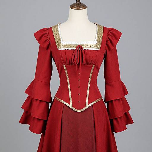 Vintage red velvet dress with gold trim, puffed sleeves, and ruffled arm cuffs, displayed on a white mannequin against a light blue background