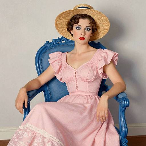 Vintage-style photograph of a fair-skinned woman with red lipstick, wearing a pink dress and straw hat, seated on a blue ornate chair against a