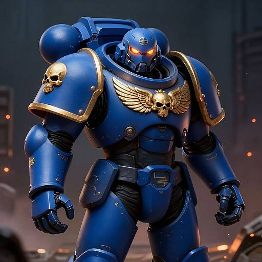 Digital art of a muscular, blue, armored robot with glowing orange eyes, gold skull and wing emblems, standing in a dimly lit, industrial