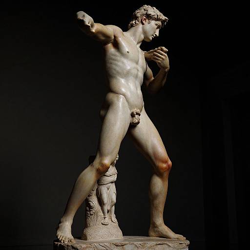 Photograph of a classical marble statue of a nude male figure with an erect penis, standing on a pedestal, dynamic pose, black background, highlighting sculpt