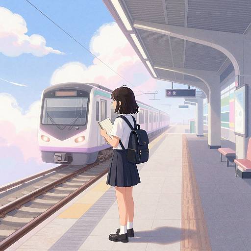 Anime-style digital drawing: Black-haired girl in school uniform, backpack, and black skirt stands on sunny train platform, waiting for arriving white train.
