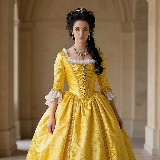 Photograph of a fair-skinned woman with dark, wavy hair wearing an ornate, bright yellow Renaissance-style dress with white lace trim, standing