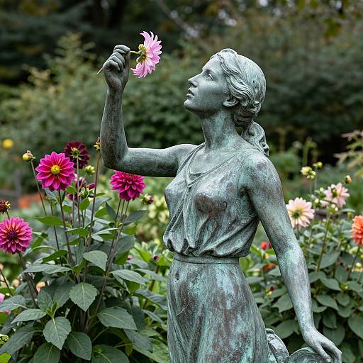 Photograph of a green patina bronze statue of a young girl with flowing hair, wearing a dress, smelling a pink dahlia among vibrant flowers