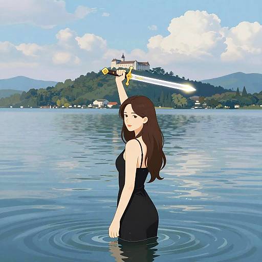 Digital anime-style drawing of a dark-haired woman in a black dress, holding a glowing sword above water, with a lakeside village and mountains in the