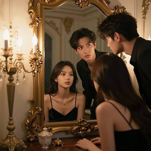 Couple gazing into ornate mirror