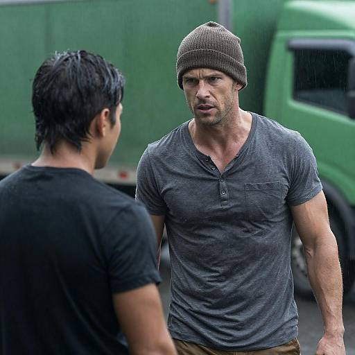 Dramatic Rainstorm Encounter Between Two Men