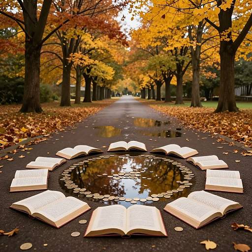 Photograph of open books arranged in a circle around a puddle on a tree-lined autumn path, with yellow and orange leaves scattered.