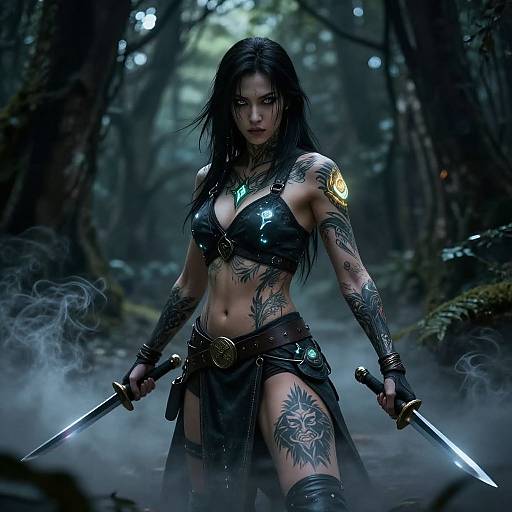 Digital artwork of a tattooed, dark-haired warrior woman in black leather armor, holding dual swords in a misty forest.