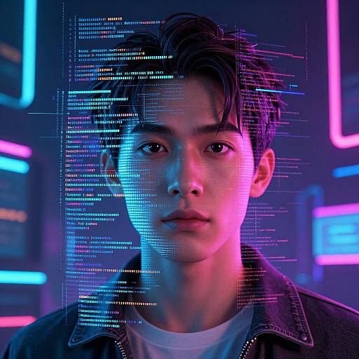 Neon-lit portrait of a young Asian man with short, dark hair, wearing a black jacket, illuminated by blue and pink lights, with digital