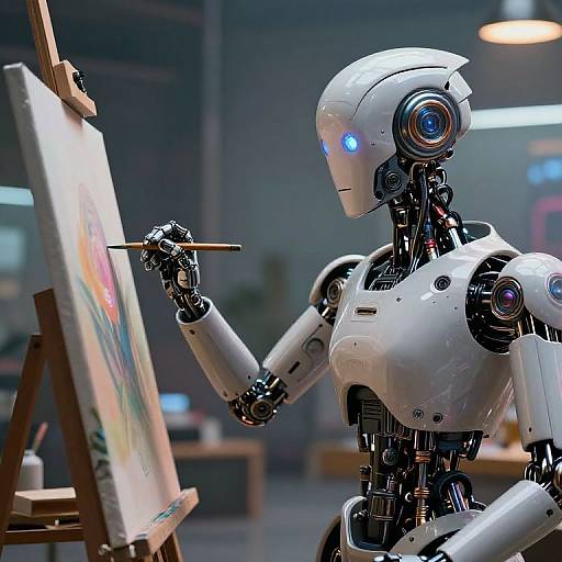 Photograph of a white, humanoid robot with blue glowing eyes painting on a canvas with a wooden easel in a modern, dimly-lit studio
