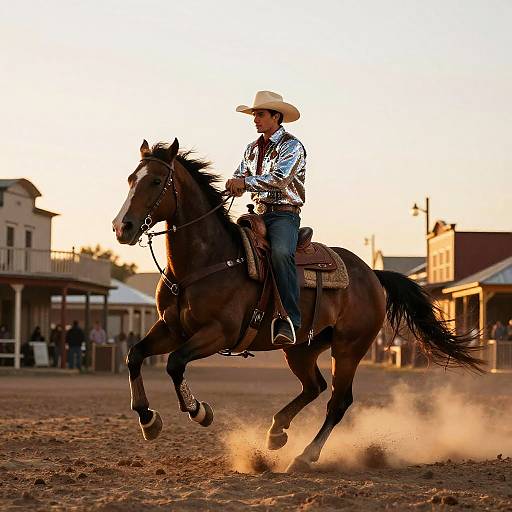 Flamboyant Cowboy Riding at Sunset