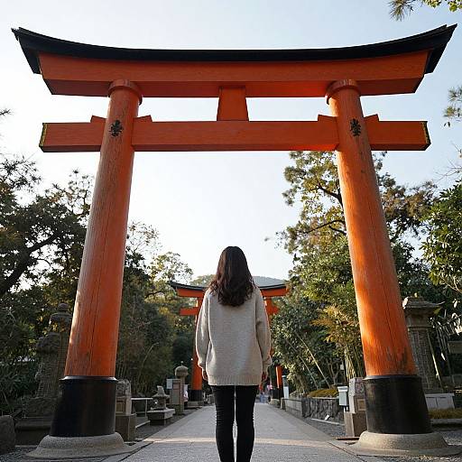 Photograph of a woman with long brown hair, wearing a white sweater and black pants, standing before a large, vibrant orange Torii gate, surrounded