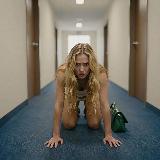 Blonde Woman Crawling in Dim Hallway