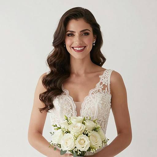 Smiling Bride in White Lace Dress