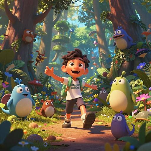 CGI image of a happy, dark-haired boy in a green vest and white t-shirt, surrounded by colorful, whimsical forest creatures in a sun