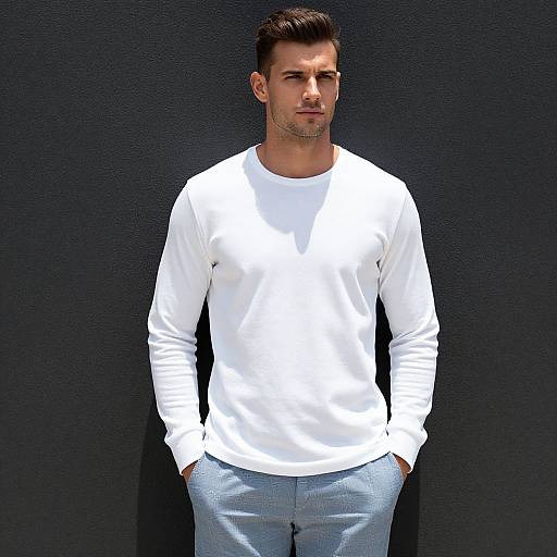 Photograph of a handsome, dark-haired man in a white long-sleeve shirt and light blue pants, standing against a dark textured wall, with