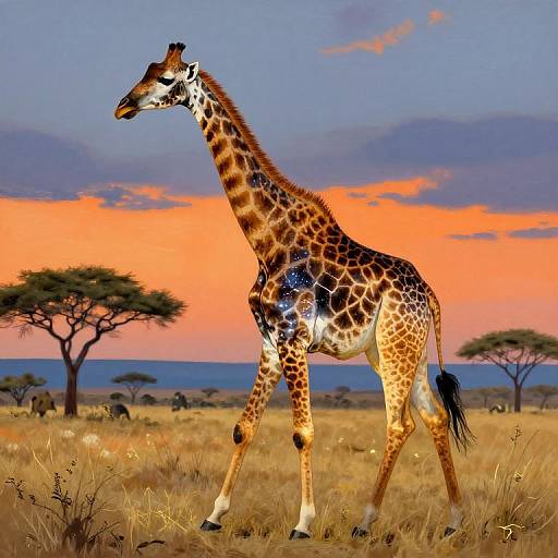 Photograph of a tall, elegant giraffe with distinct brown and white patterns standing in a sunlit, golden savanna at sunset, with acacia