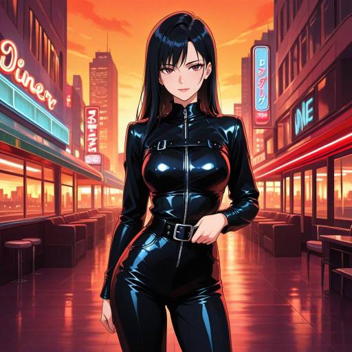 Seductive Anime Woman in Vibrant Cityscape