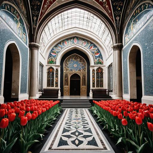 Synagogue Interior with Red Tulip Motif