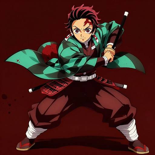 Digital anime-style drawing of a fierce, red-haired samurai with a green and black jacket, brown pants, and white bandages, holding a kat