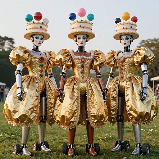Photograph of three identical porcelain dolls in golden, puffed-sleeve dresses with multicolored pompoms on hats, standing on wheels in a