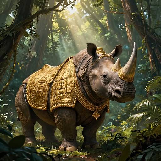 Digital artwork of a rhino in a lush jungle, adorned with ornate, gold armor with intricate patterns, sunlight filtering through trees.