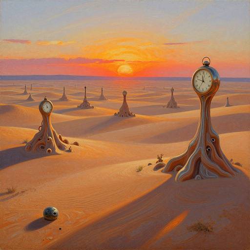 Digital painting of a surreal desert sunset, featuring clock-like sculptures with twisted roots and a glowing orange sky, with a small blue orb on the sand in