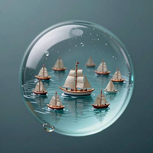 Photorealistic digital image of a glass bubble containing tiny sailboats with white sails and brown hulls, floating on calm blue water.