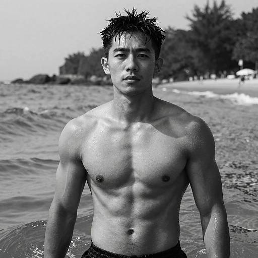 Black-and-white photograph of a muscular, shirtless Asian man with wet, spiky hair standing in shallow water at a beach, trees and people blurred