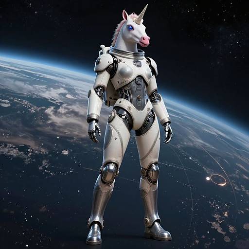 Digital artwork of a white robotic humanoid unicorn with a pink nose, standing on Earth's curvature in space, wearing detailed white and black armor.