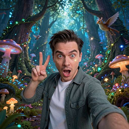 Photograph of a shocked man with dark hair, wearing a denim shirt and white t-shirt, flashing a peace sign in a vibrant, magical forest with