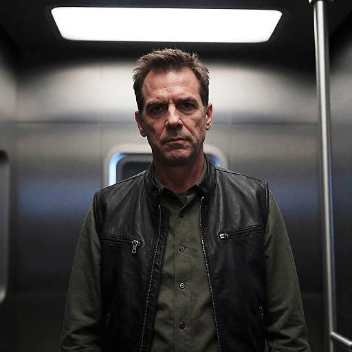 Middle-Aged Man in Futuristic Metallic Setting