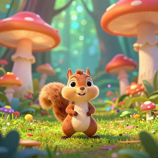 Cute, cartoon-style squirrel with fluffy tail stands on grass in enchanted forest, surrounded by colorful mushrooms and glowing flowers. Digital art.