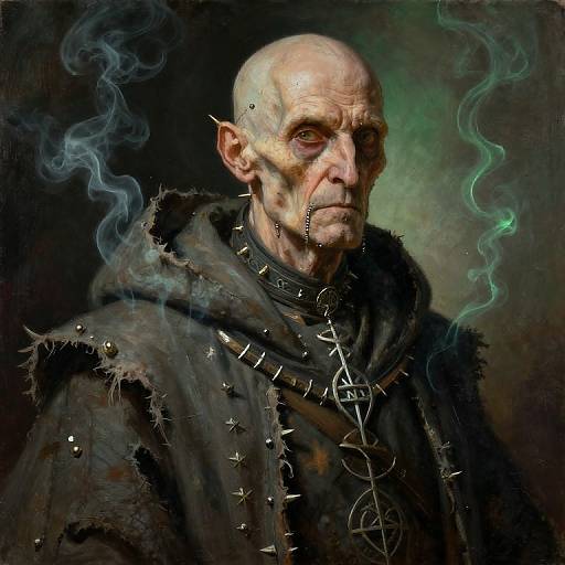 Digital painting of an ancient, bald, wrinkled, sinister-looking man with pale skin, wearing a spiked, dark cloak, surrounded by blue and green