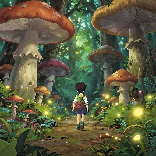 Digital art of a child in a forest, facing giant mushrooms, surrounded by glowing fireflies, with lush greenery and enchanted forest lighting.