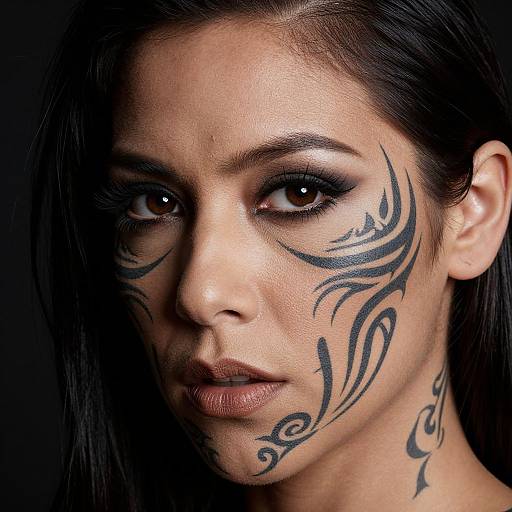 Photograph of a woman with dark hair, brown eyes, and intricate black tribal tattoos on her face and neck against a black background.