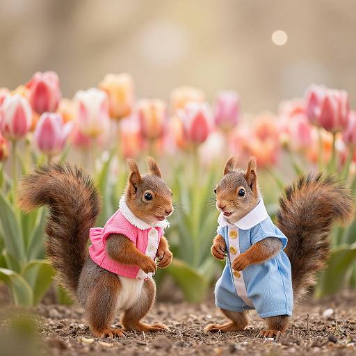 Baby Squirrels in Tulip Field