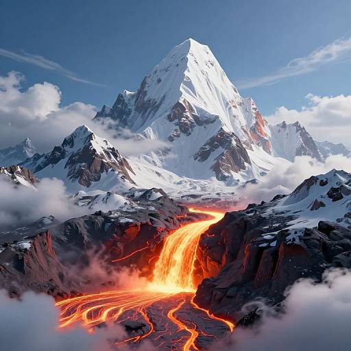 Digital artwork of a snow-capped mountain peak with bright orange, flowing lava streams winding through dark, rocky valleys beneath a blue sky with scattered clouds.