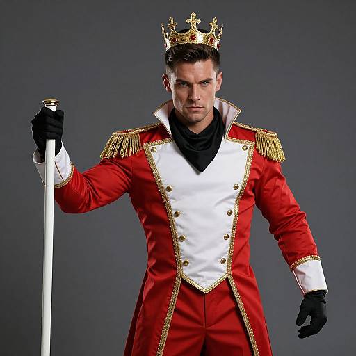 Photograph of a stern, handsome man in a regal red and white military-style coat, gold epaulets, black gloves, crown,