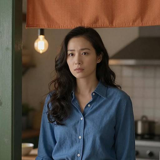 Serious Asian Woman in Blue Shirt in Kitchen