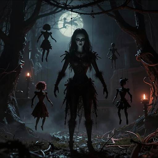 Dark, eerie photograph of a woman in tattered black attire, surrounded by shadowy, doll-like figures, under a full moon in a foggy