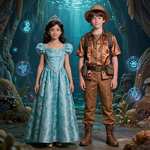 Photograph of a young girl in a blue, sparkly princess dress and a boy in brown adventurer attire, standing in a mystical, glowing, cave