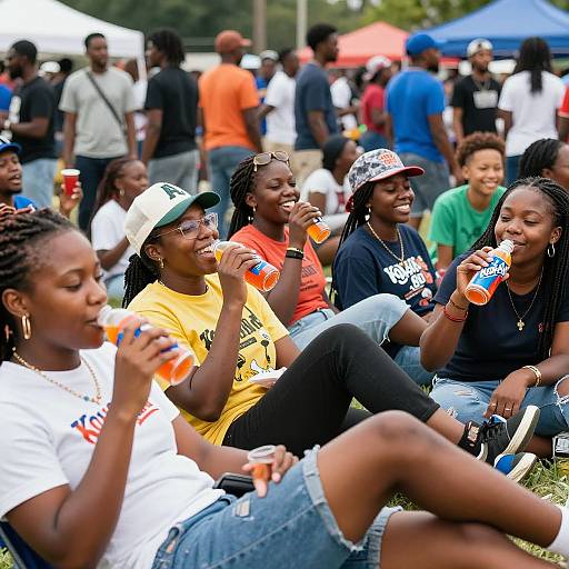 Photograph of diverse group of young Black women with braids, drinking orange soda, sitting on grass at outdoor festival, wearing casual clothes, smiling and