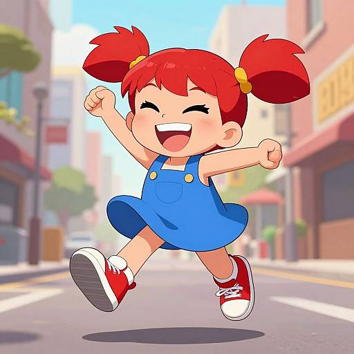 Cartoon-style drawing of a red-haired girl in a blue dress and red sneakers, joyfully jumping on a sunny city street.