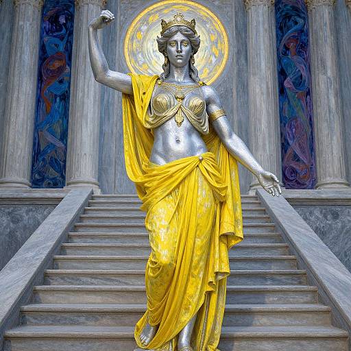 Photorealistic digital artwork of a silver-toned goddess statue with a golden halo, yellow drapery, and ornate armor, standing on grand